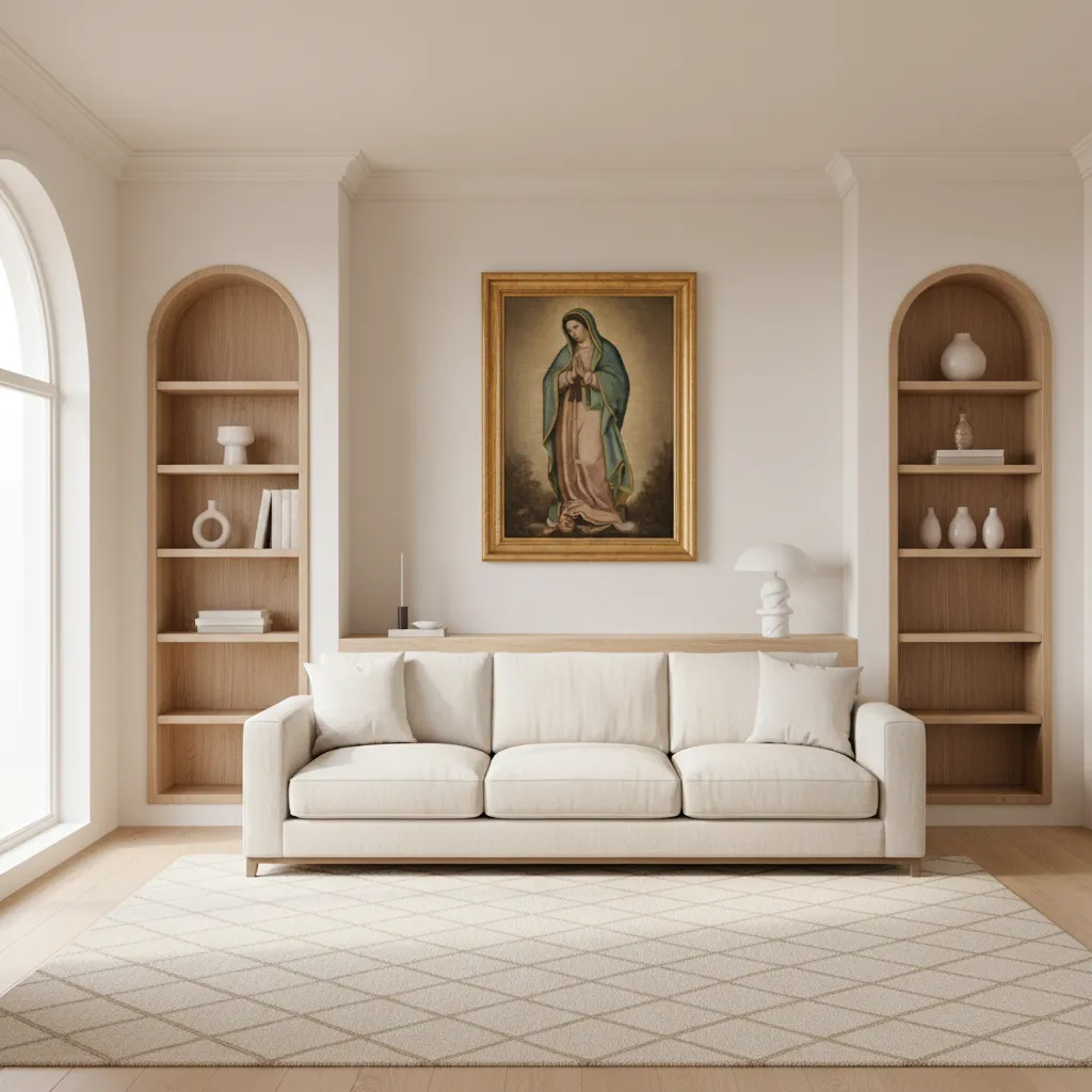 Medium size Virgin Mary painting above a living room sofa