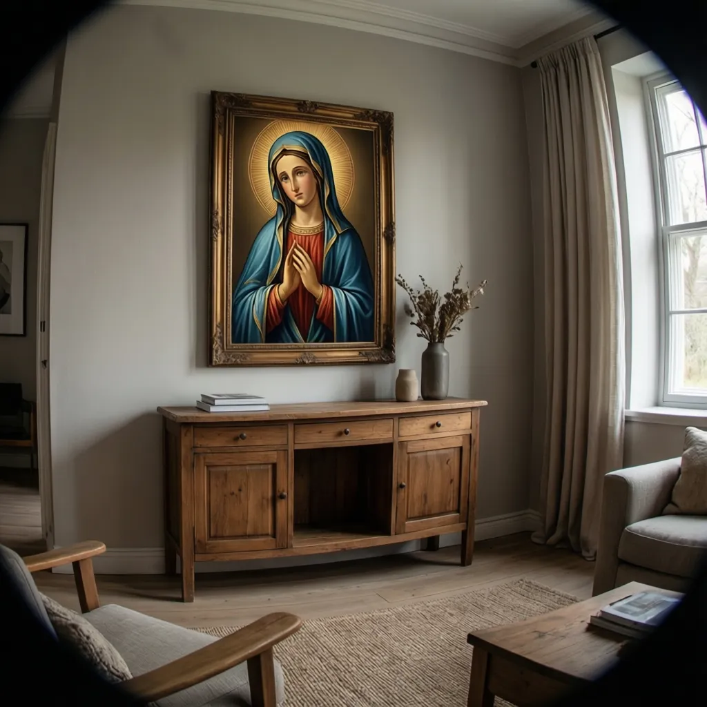 Virgin Mary wall art placed above a console table in a peaceful living room
