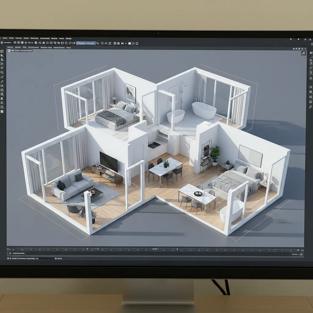 Pantalla mostrando una casa digital con varias habitaciones diseñadas