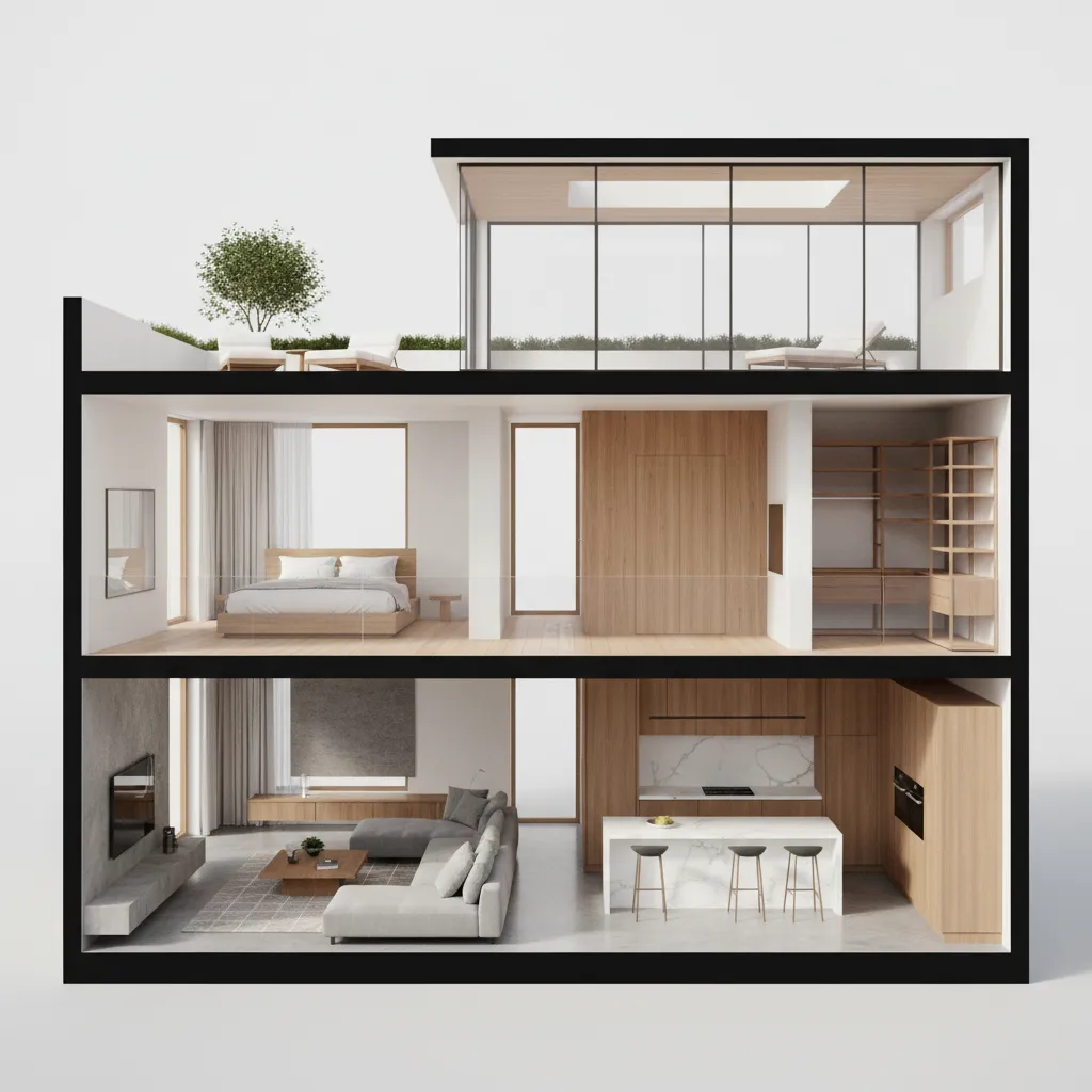 Modelo digital 3D de una vivienda mostrando habitaciones y distribución