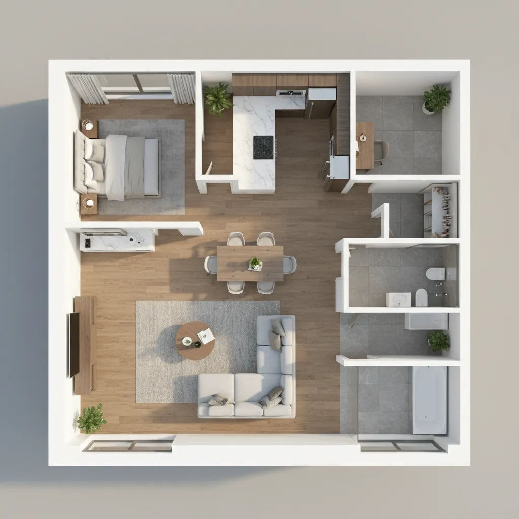 Plano virtual de una casa con habitaciones distribuidas en 3D