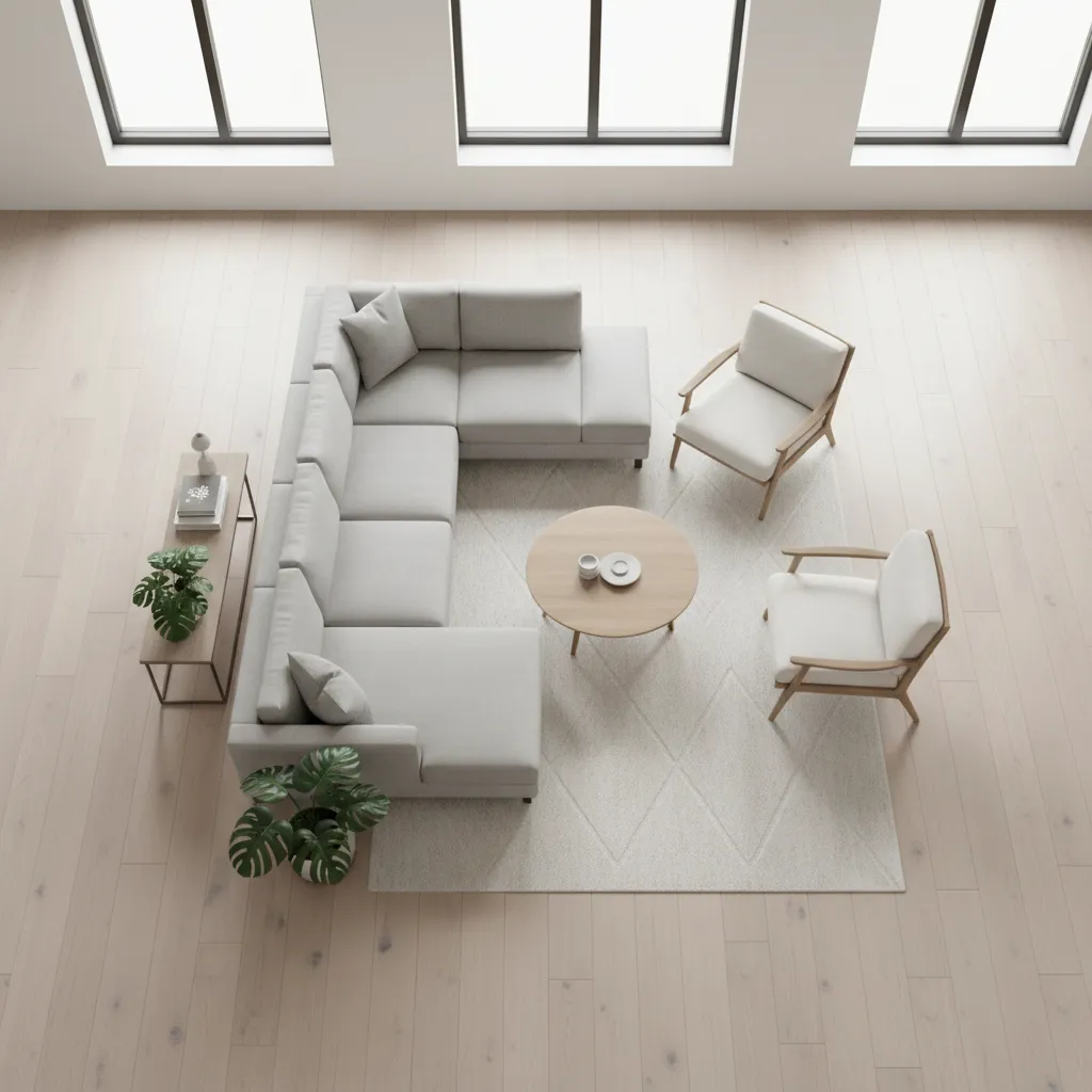 Digital home staging layout showing furniture placement planning in a living room floor plan