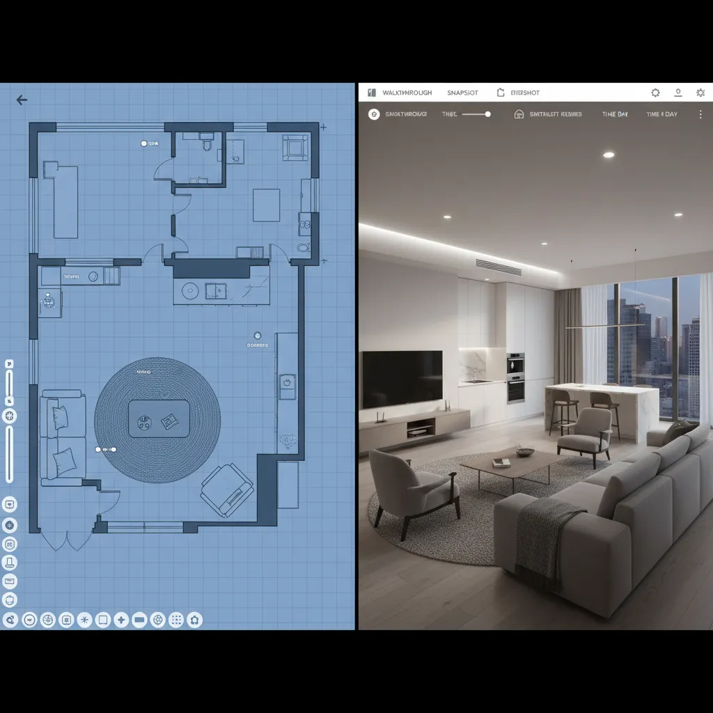 Interfaz de juego de diseño de casas mostrando plano 2D y vista 3D de una sala