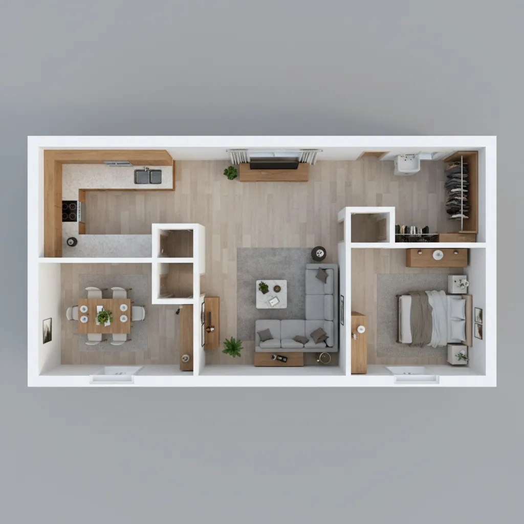 Apartment interior design drawing showing a kitchen and living room and a bedroom with furniture
