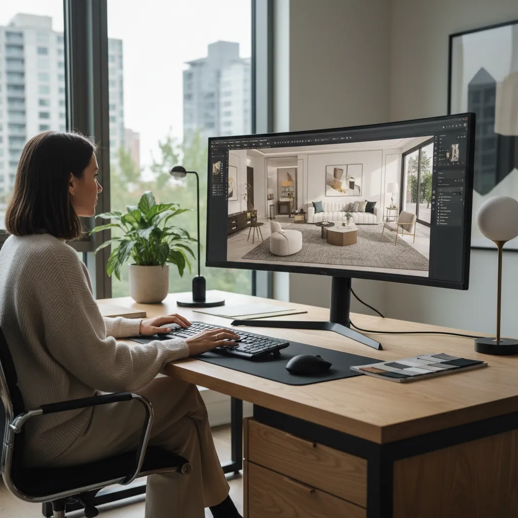 Woman sitting at desk using design software on large monitor to create interior design drawing