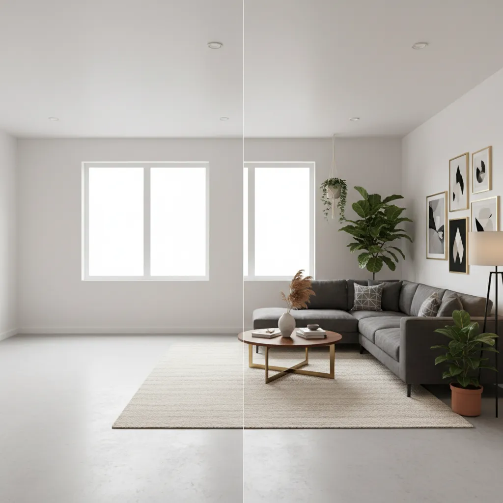before and after virtual room renovation inside an interior design simulation game