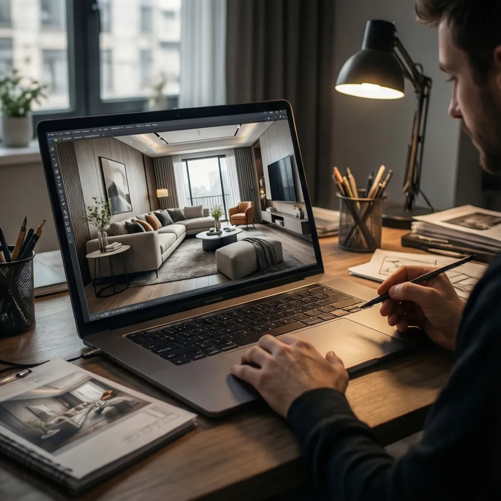 person using laptop to review virtual interior design living room rendering