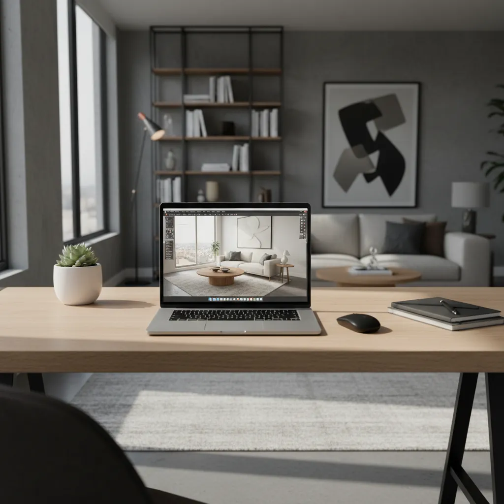 Laptop on wooden desk displaying interior design software with a modern living room design project