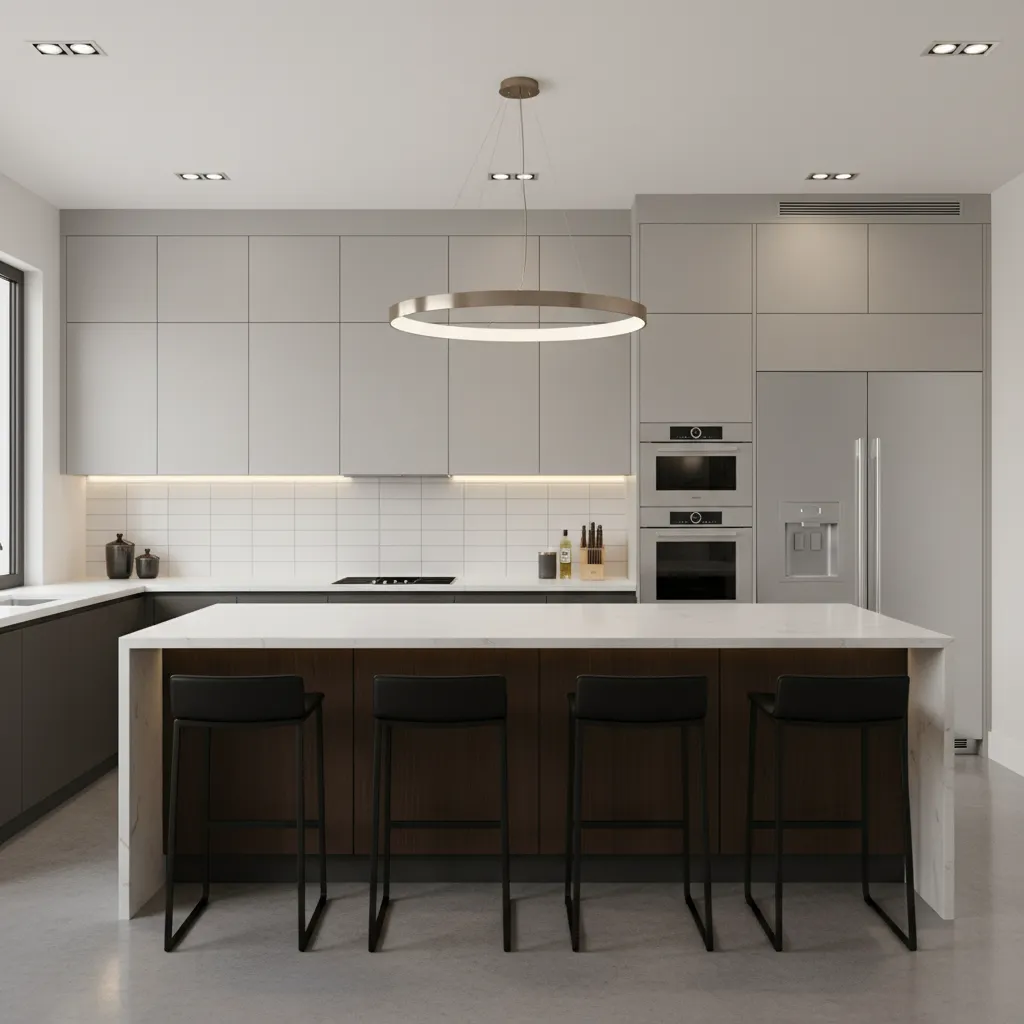 Modern grey kitchen with white island four black stools and a large round ceiling light