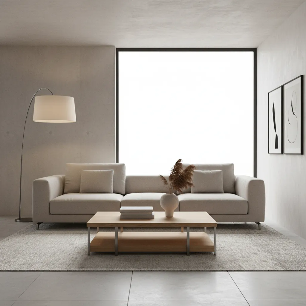 Minimalist living room with beige sofa wooden coffee table floor lamp large window and wall art
