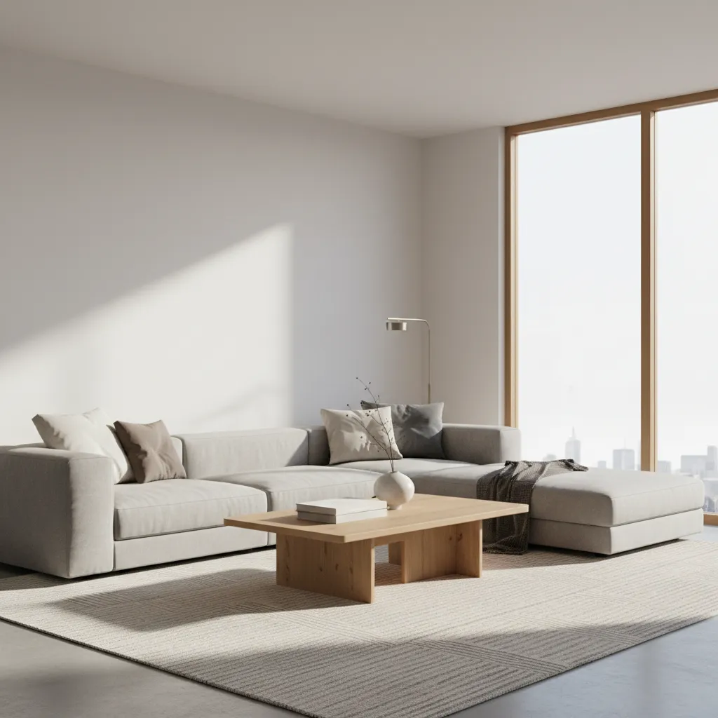 Minimalist living room with gray sofa wooden coffee table and large windows showing city view