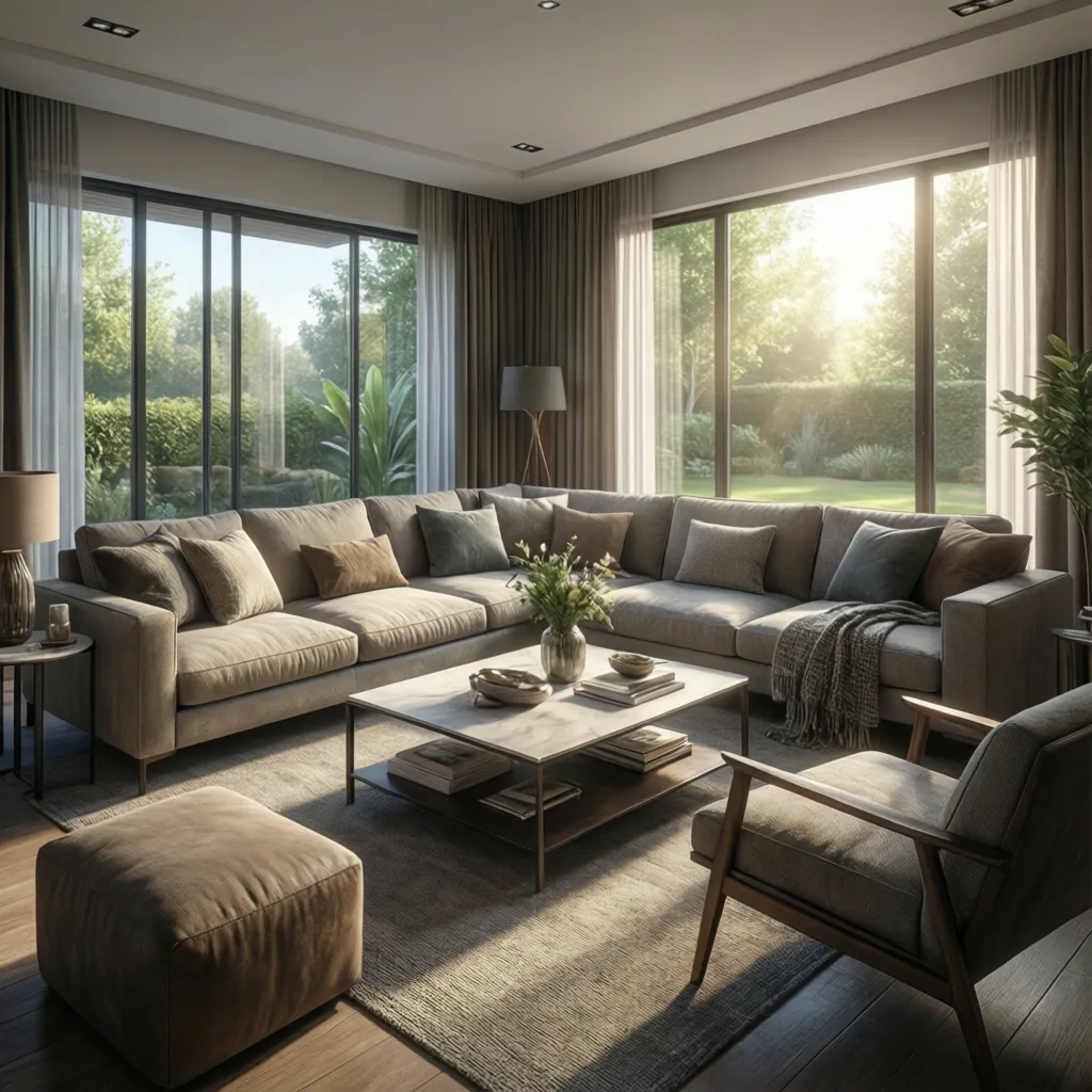 Sunlight filled living room with large sofa coffee table footrest armchair and big glass windows