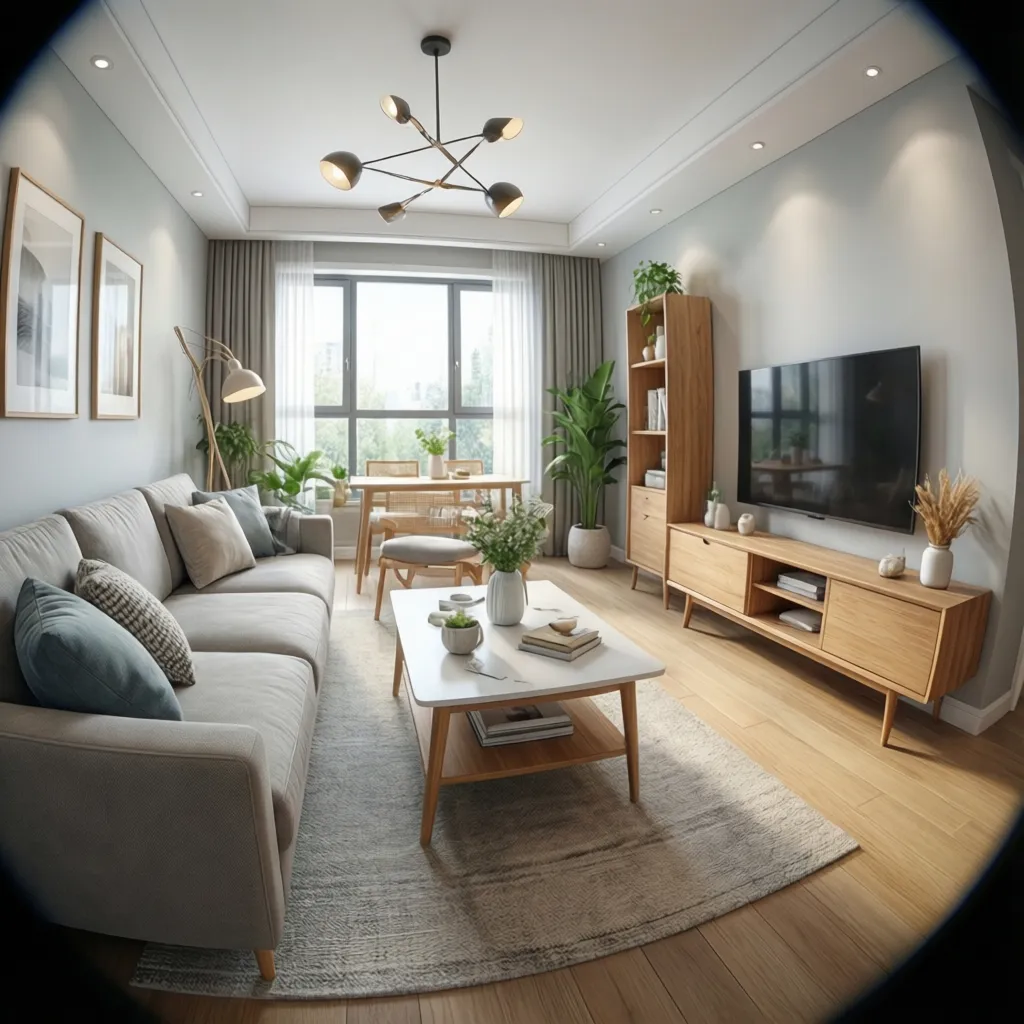 Simulación digital de salón con diferentes muebles colocados