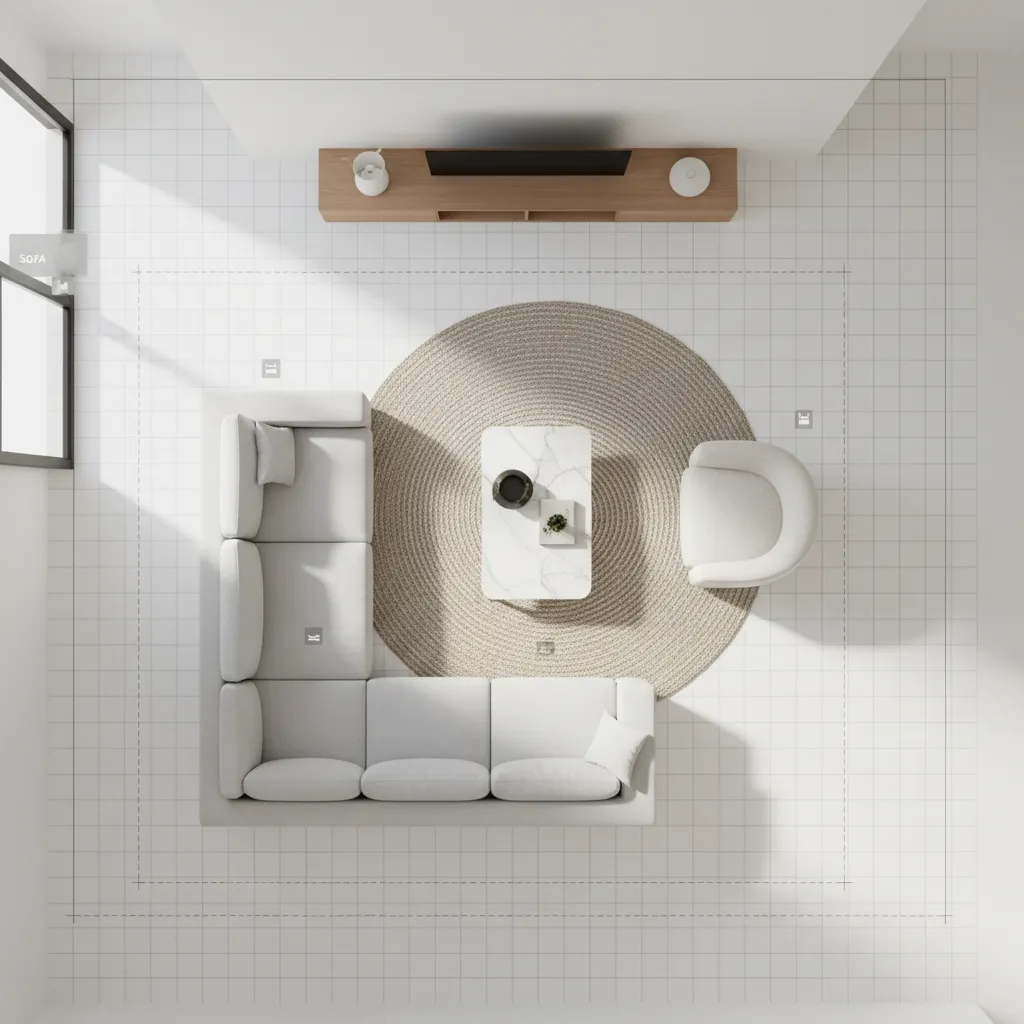 top down virtual planner layout of a modern living room with sofa coffee table and clear circulation paths
