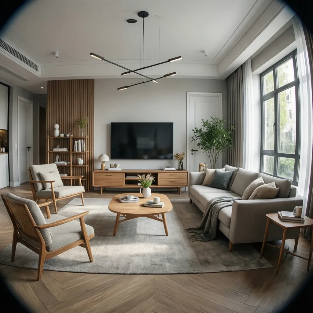Modern living room with grey sofa wooden coffee table black ceiling light and large television