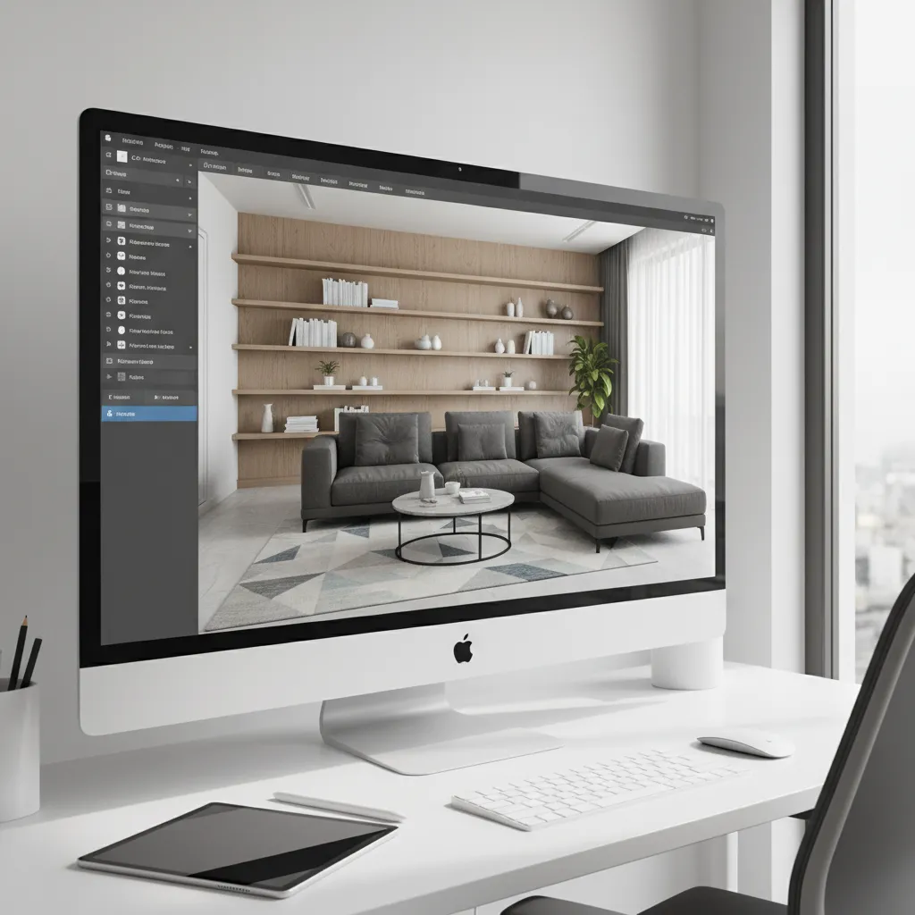 Computer monitor on white desk showing interior design software with grey sofa and wooden shelves