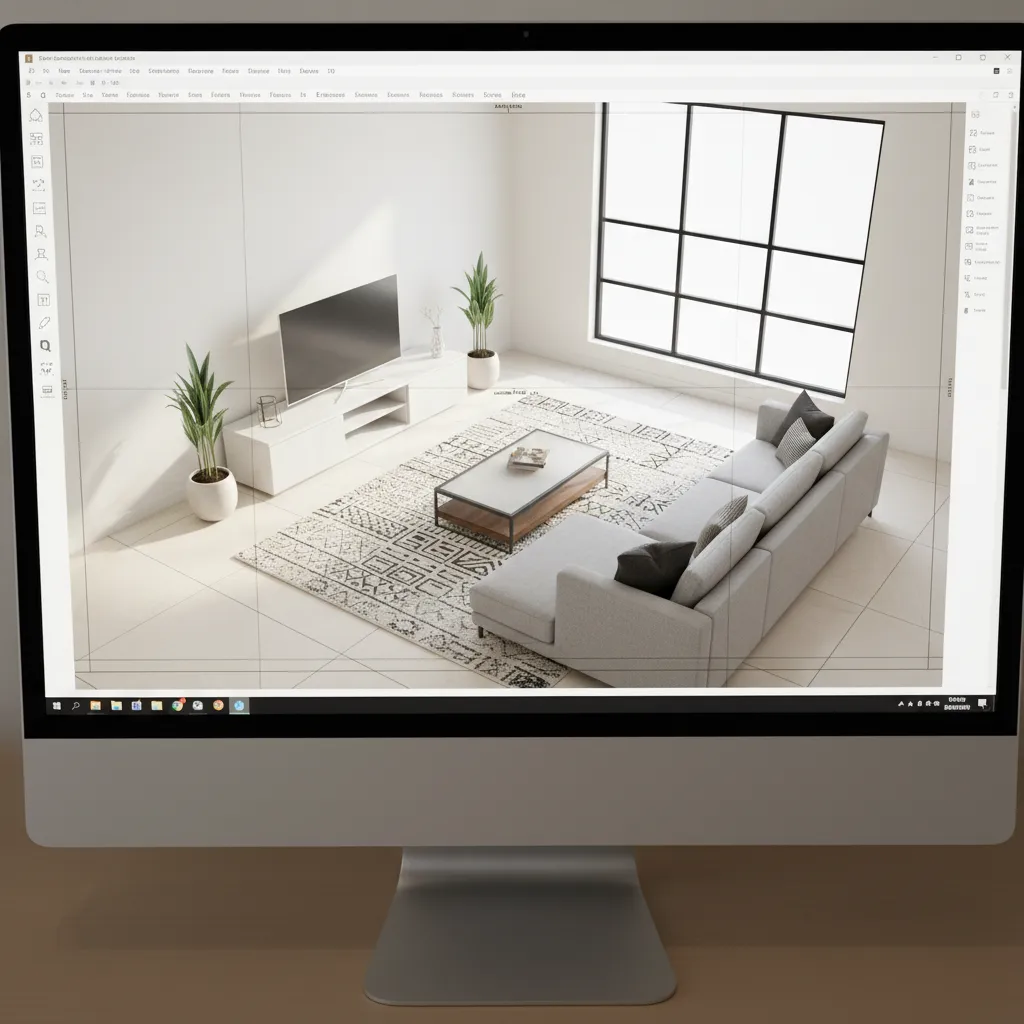 Digital room planner showing a living room furniture layout with sofa coffee table and rug