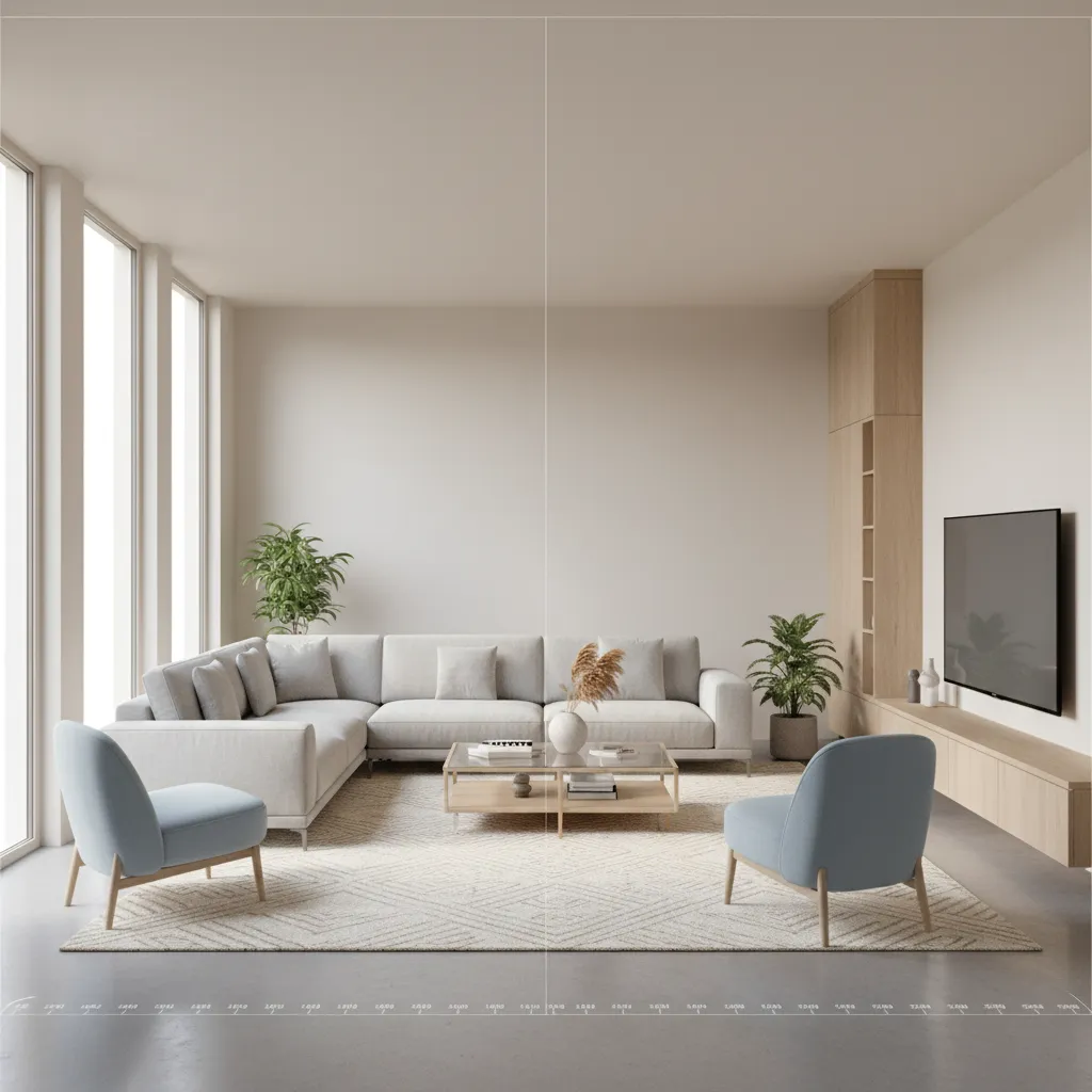 virtual living room layout showing sofa placement spacing in home design software
