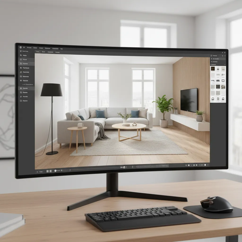 Computer monitor showing a modern living room interior design drawing with sofa and wall panel