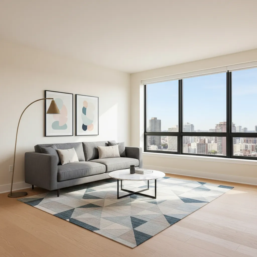Digitally staged living room showing furniture placement in an empty apartment
