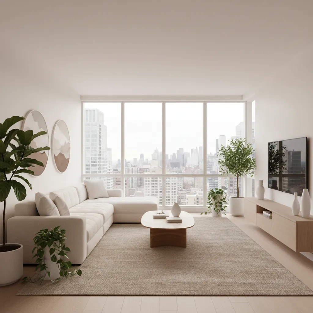 Virtual staged living room with modern furniture used for property marketing