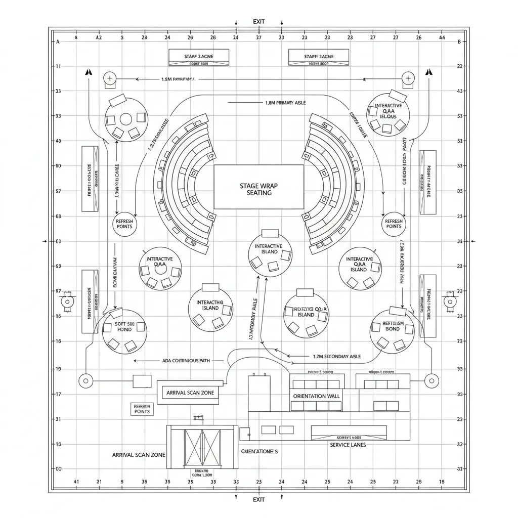 Town hall mesh plan with stage wrap seating and interactive islands