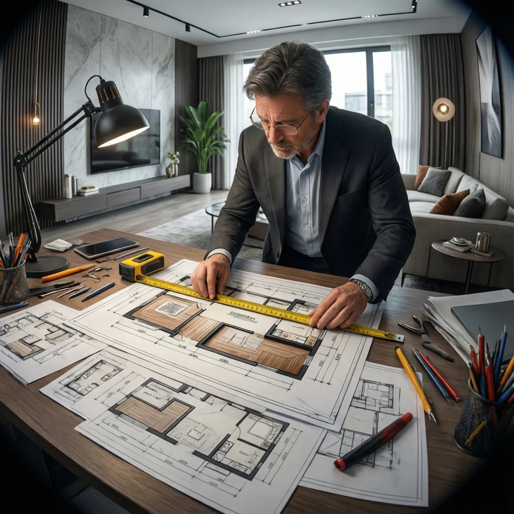 Diseñador observando el plano de una sala para planificar la distribución del mobiliario