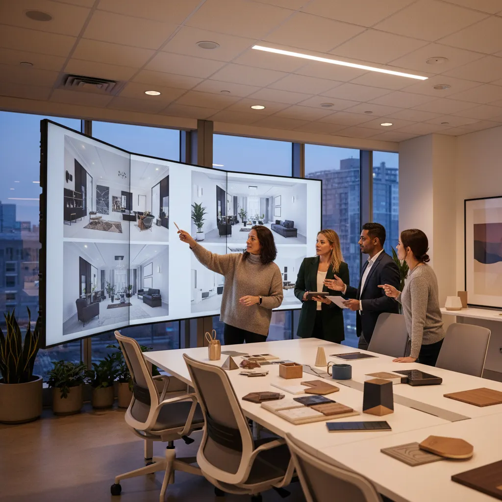 Designers discussing interior design drawings on a large screen in a modern office meeting room