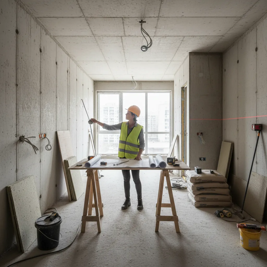 Woman wearing yellow safety vest checking room layout plans inside a concrete room under construction