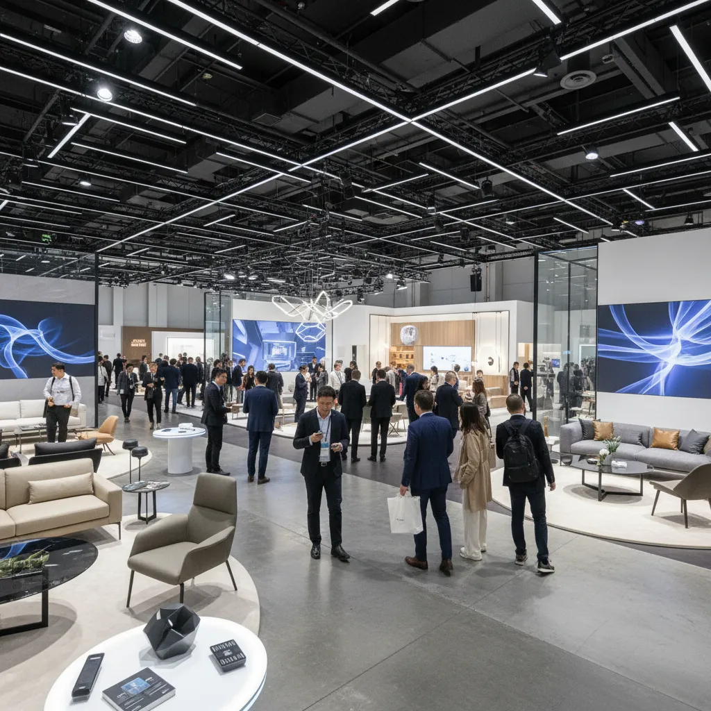 Visitantes recorriendo una feria de interiorismo moderna