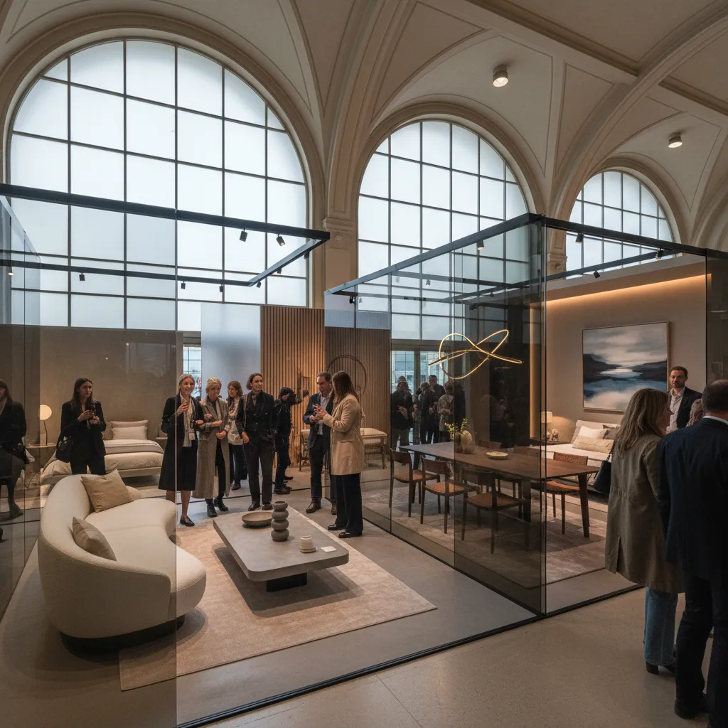 Visitantes recorriendo una exposición de decoración de interiores