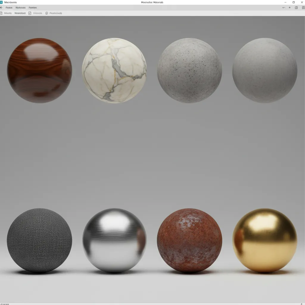 Panel de materiales con diferentes texturas aplicadas a objetos 3D