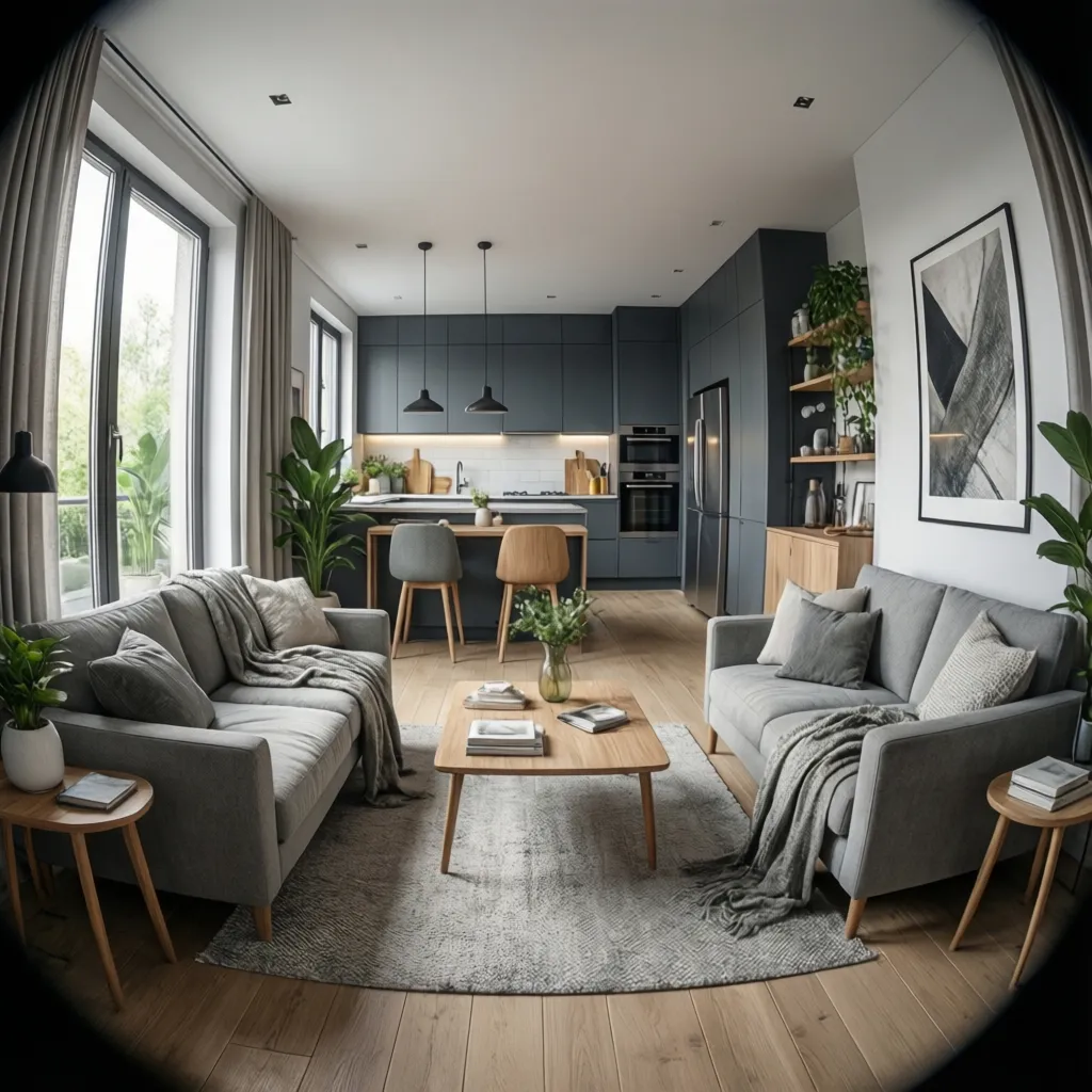 Modern living room and kitchen with gray sofa wooden coffee table dark cabinets and sunlight