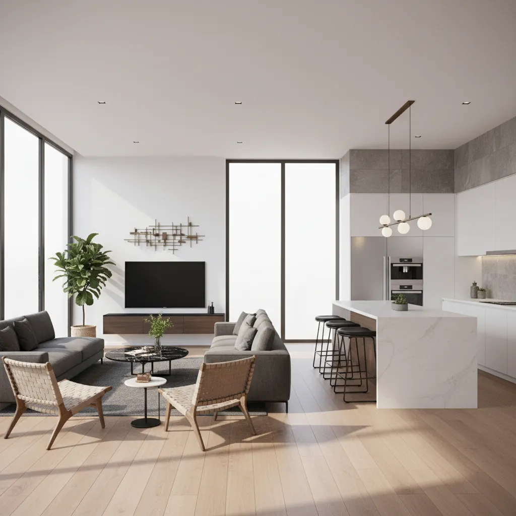 visualización 3D de salón y cocina abierta en una casa moderna