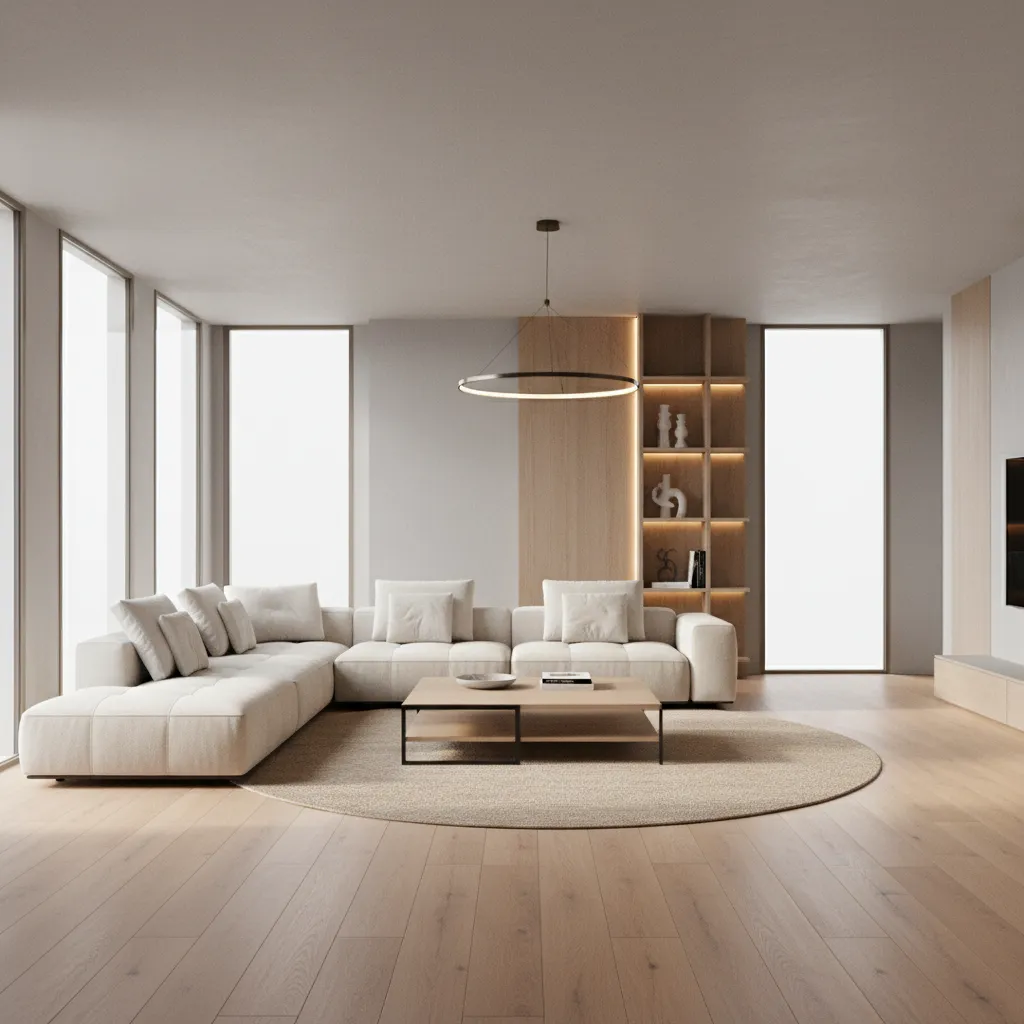 Vista 3D de un salón moderno diseñado por un interiorista