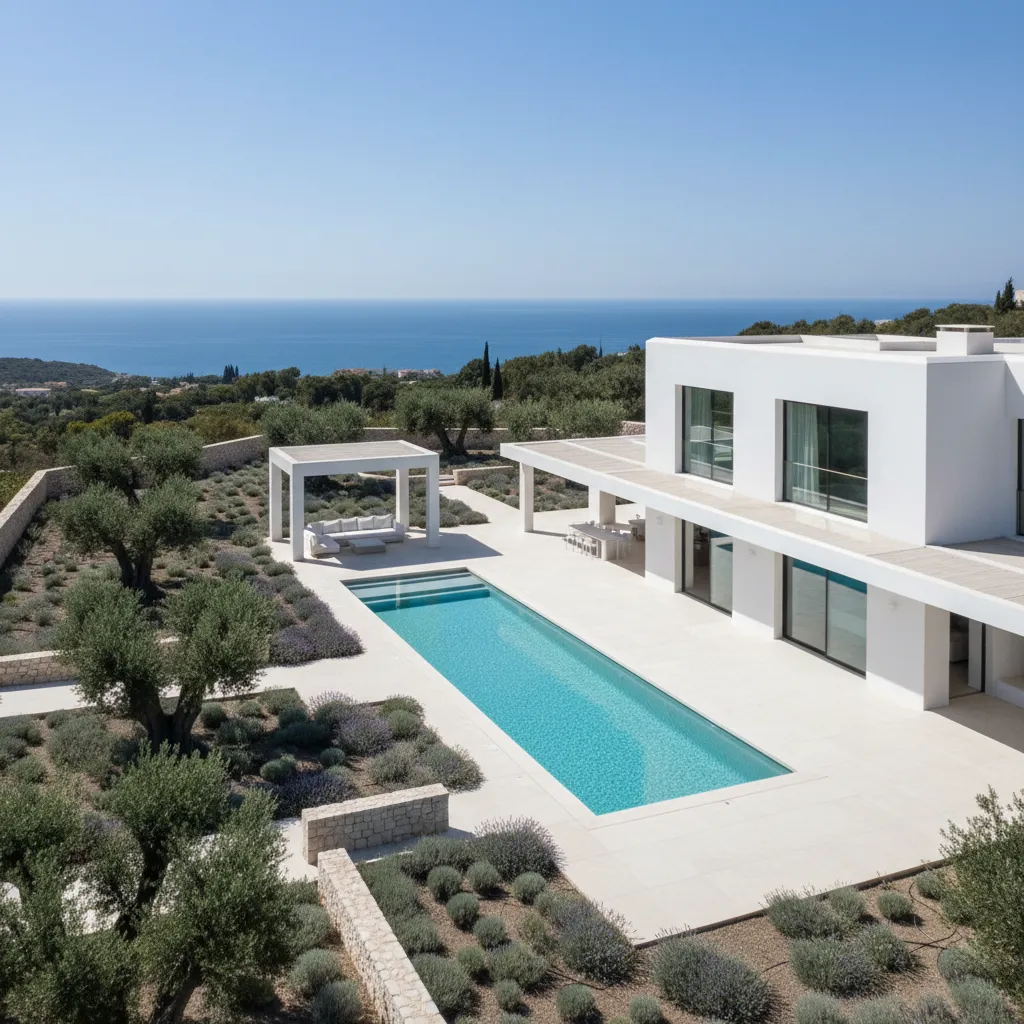 Vista aérea de casa moderna blanca con piscina y jardín