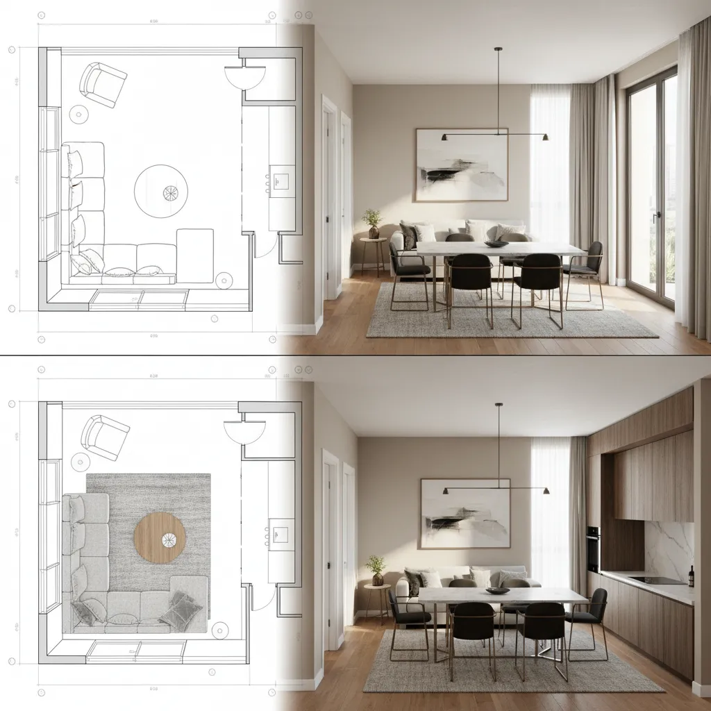 Comparación entre plano 2D y visualización 3D de una habitación