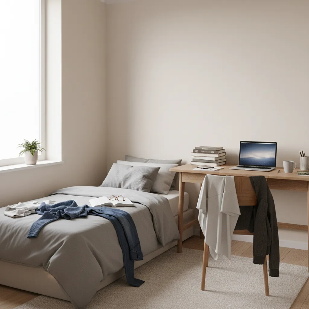 bedroom showing visual clutter on bed and desk before quick tidy