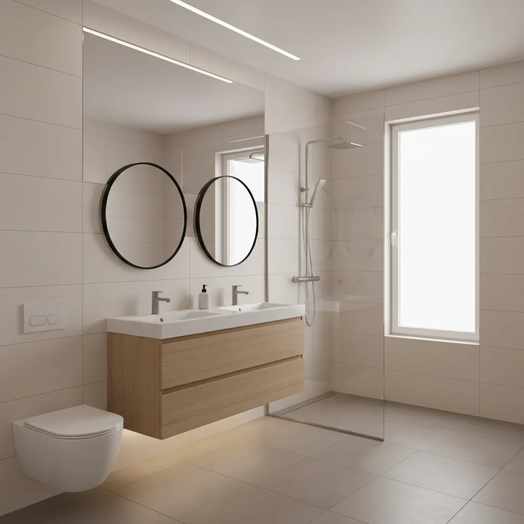 small bathroom with large tiles floating vanity and frameless glass shower