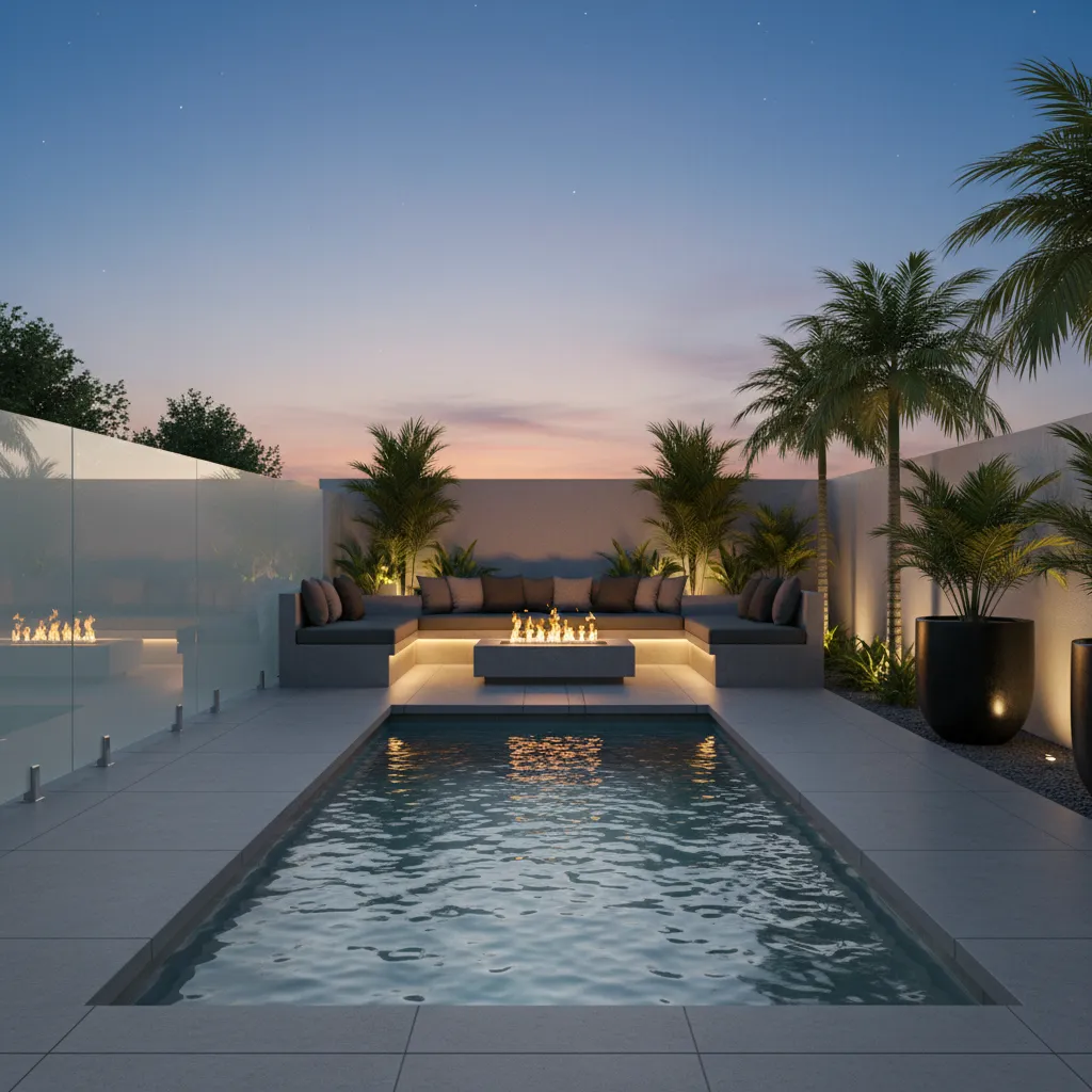 Piscina pequeña alineada con terraza que amplía visualmente el patio