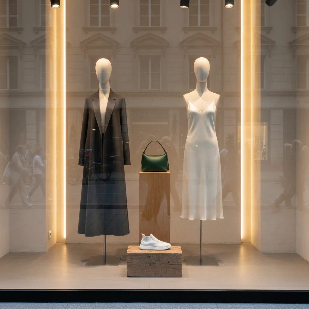 Escaparate de tienda con pocos productos y composición visual clara