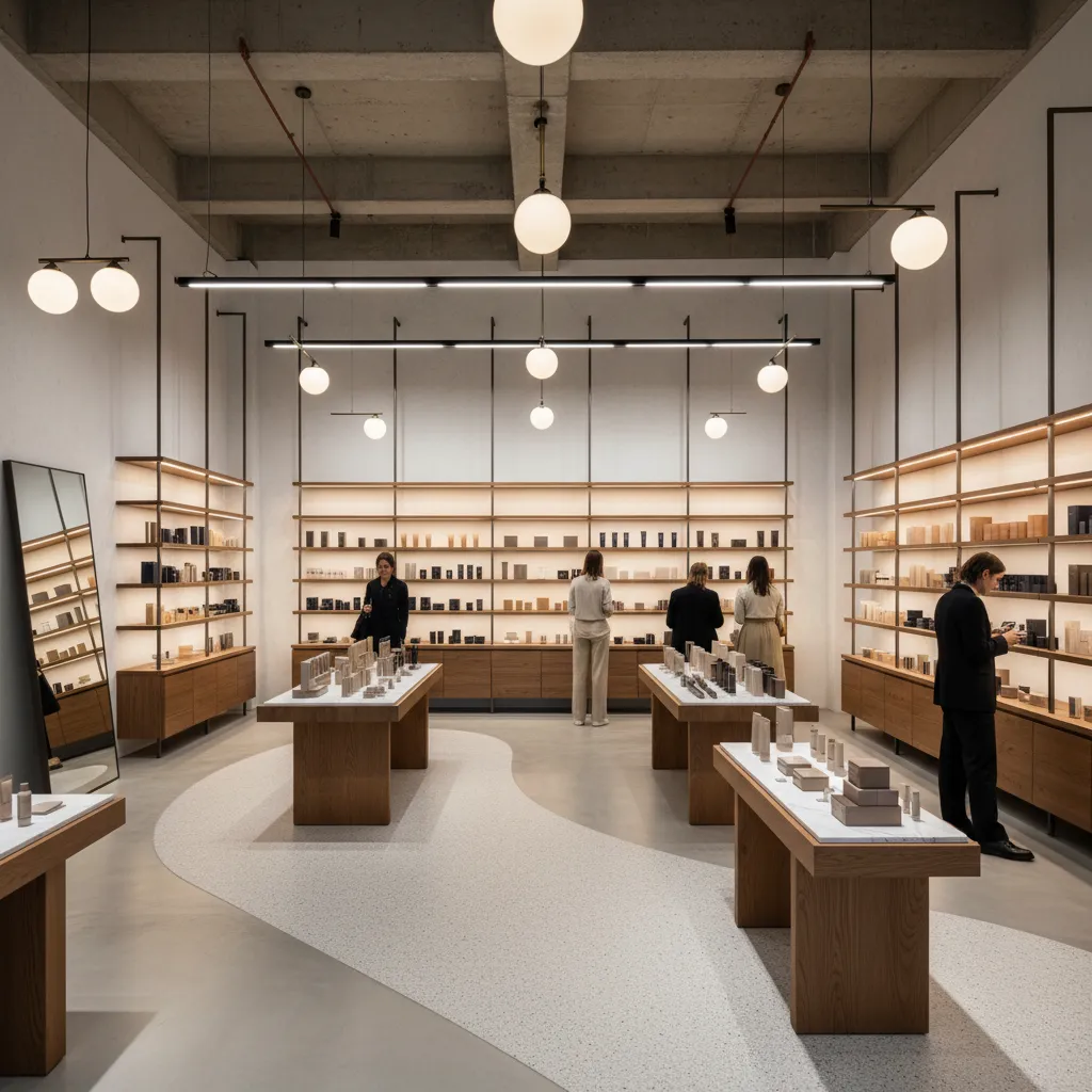 Diseño interior de una tienda moderna con exhibición estratégica de productos