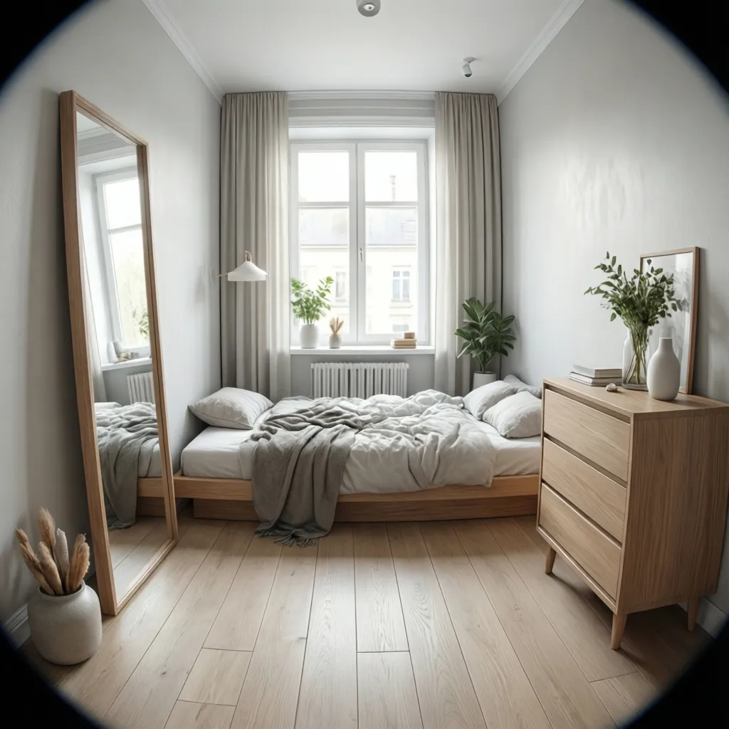 small bedroom using mirrors light colors and low profile furniture to appear larger