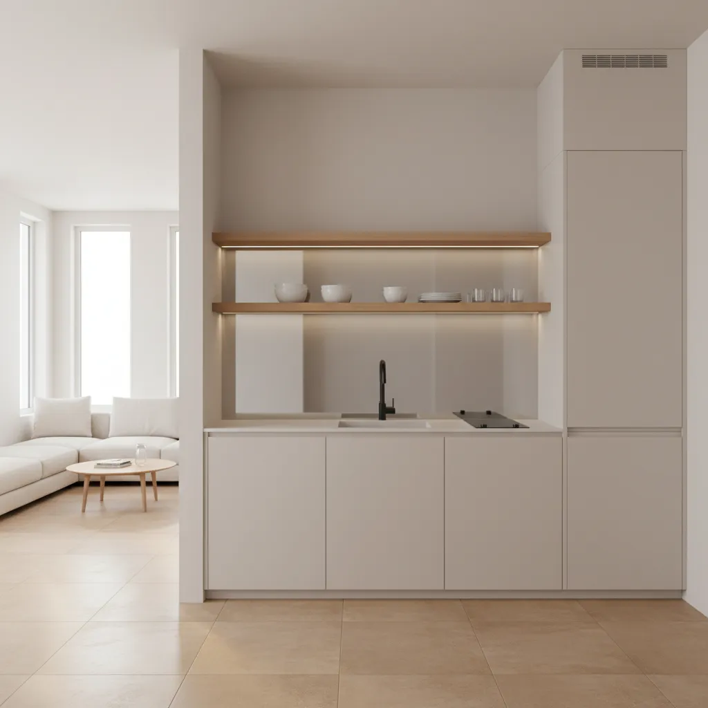 Small kitchen design using visual tricks to appear larger