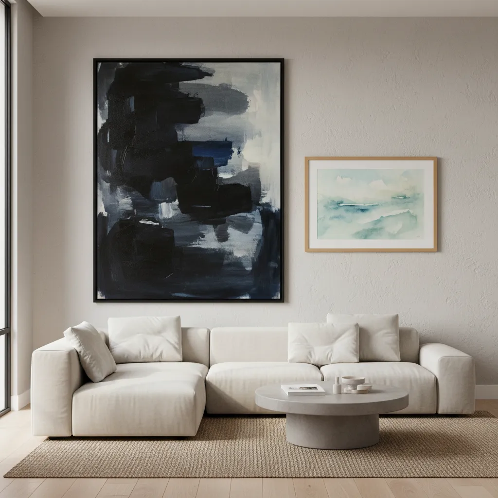Two different paintings on wall showing visual weight balance with darker and lighter artwork