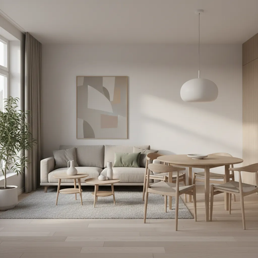 Minimalist living room with beige sofa, round wooden table, white ceiling light, and large painting