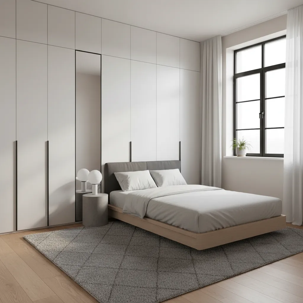 Small bedroom using rug and layout zoning to separate sleeping and storage areas