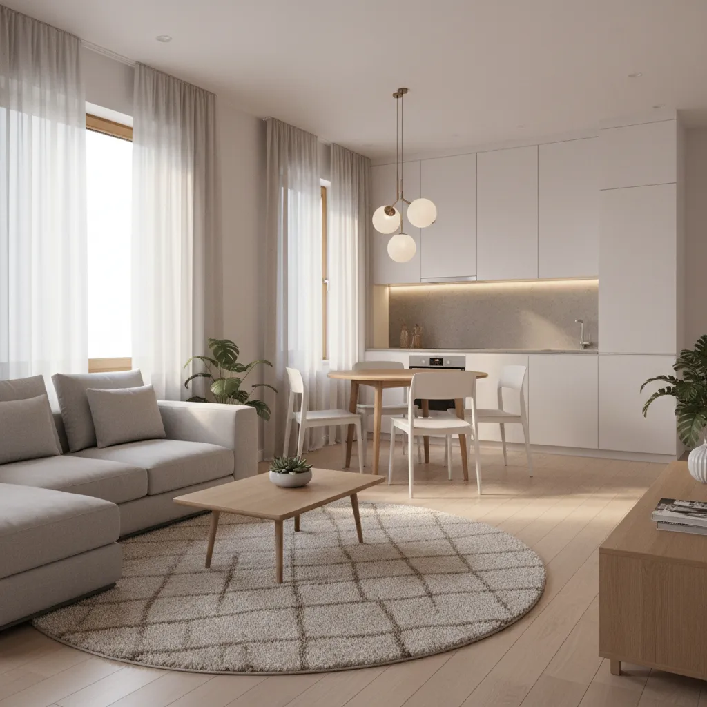 Small open plan living and dining separated visually with rug and lighting