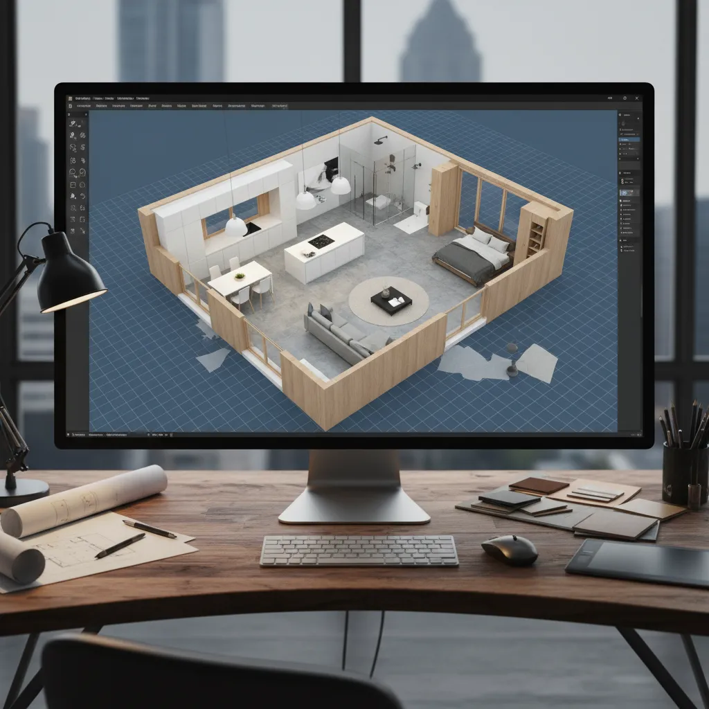 Visualisasi 3D desain rumah kecil sebelum dibangun