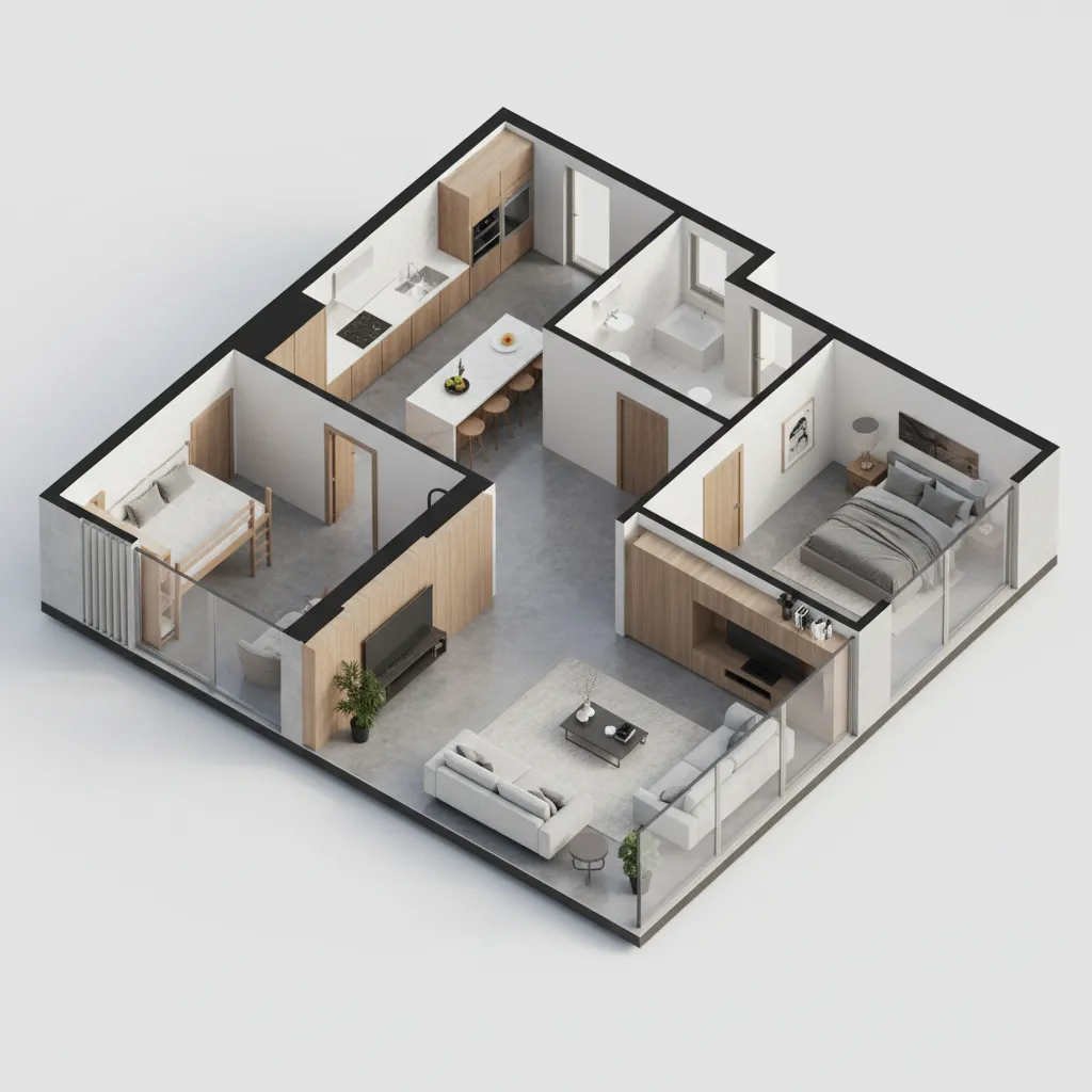 Interior design drawing showing a three dimensional house layout with kitchen living room and bedrooms